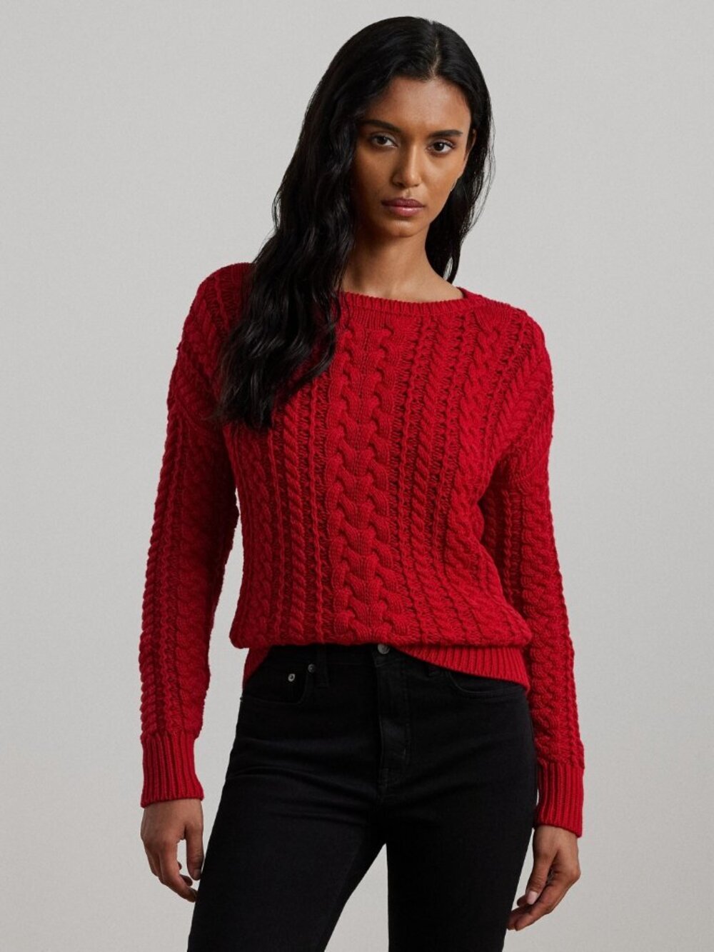 Lauren Ralph Lauren Cable-Knit Cotton-Blend Sweater - Festive Red - Picture 8 of 8